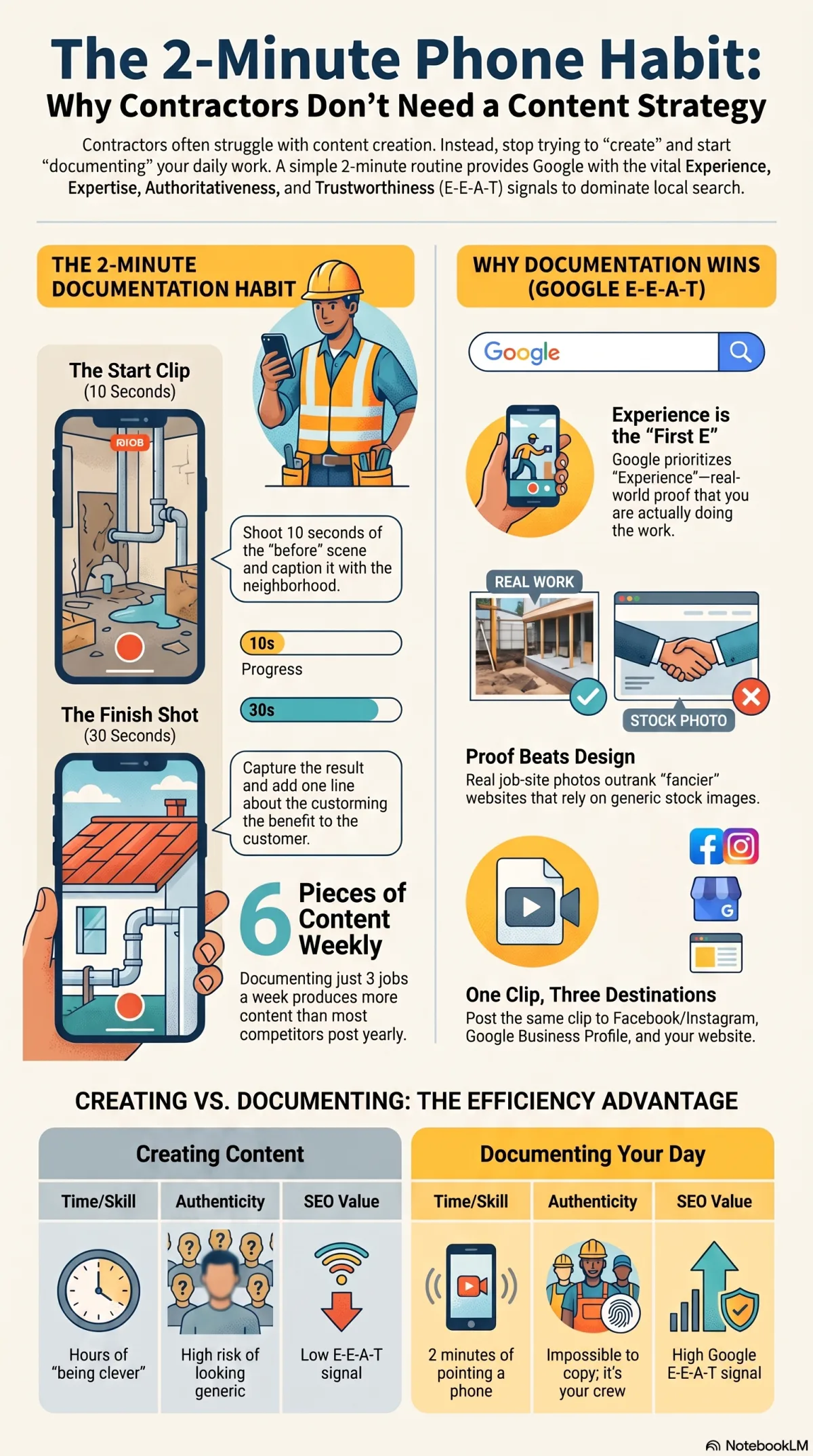 Infographic: The 2-Minute Phone Habit for contractors. The documentation habit: a 10-second start clip captioned with the neighbourhood, a finish shot with one line about the customer benefit, six pieces of content weekly from three jobs. Why documentation wins Google E-E-A-T: Experience is the first E, real job-site photos beat stock images, and one clip posts to Facebook, Instagram, Google Business Profile, and your website. Creating content takes hours with low E-E-A-T signal; documenting takes 2 minutes and is impossible to copy.