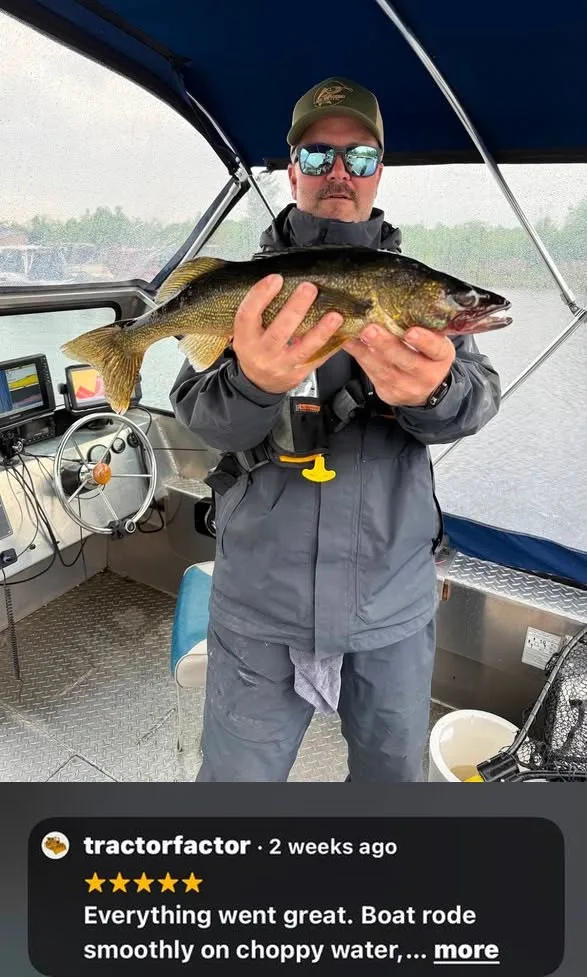 Alan Juselius of Lake Nipissing Outfitters holding a walleye on his charter boat, with the five-star Google review a guest left below the photo