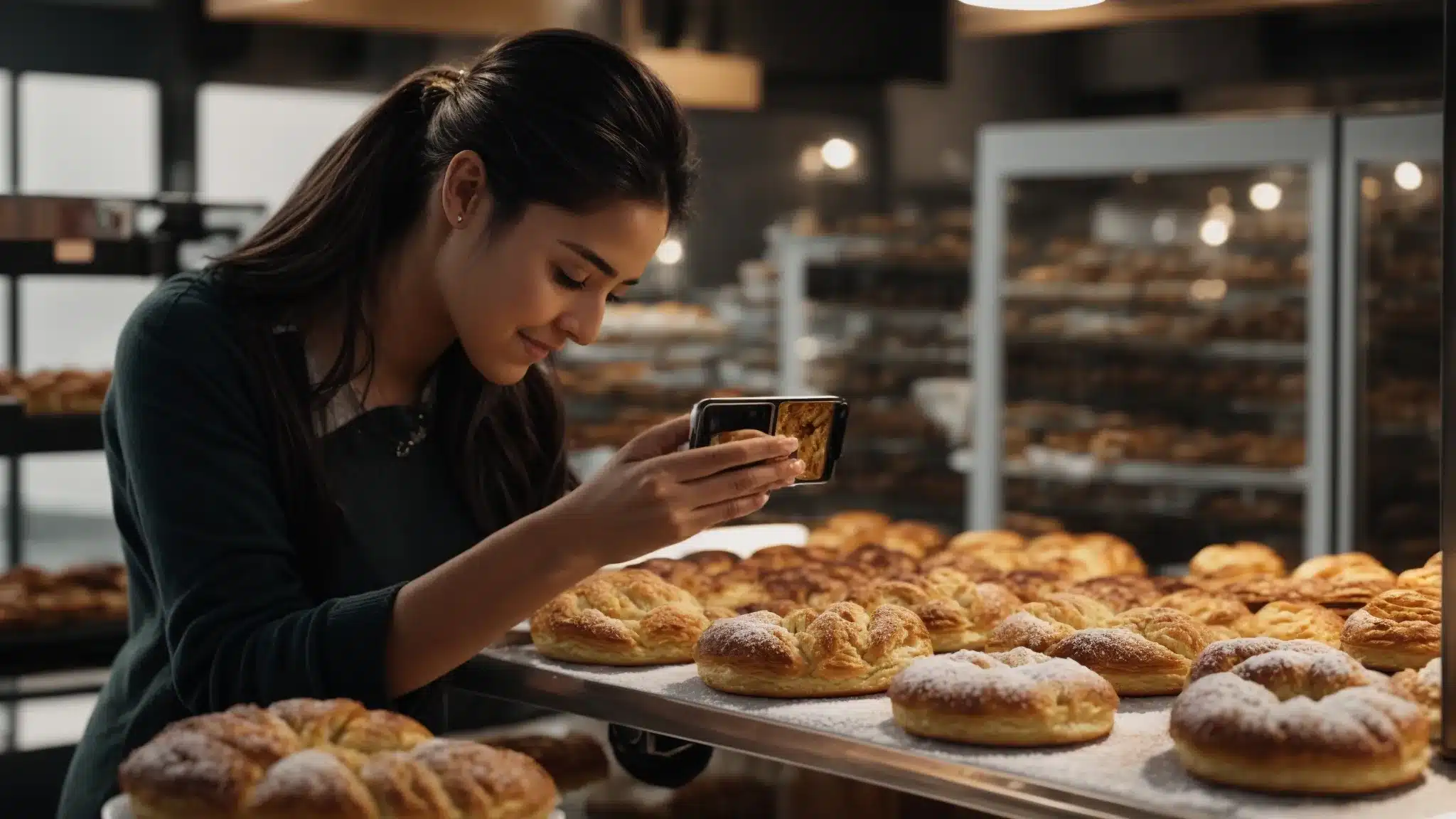 a local bakery owner taking a photo of freshly baked pastries for her online profile.