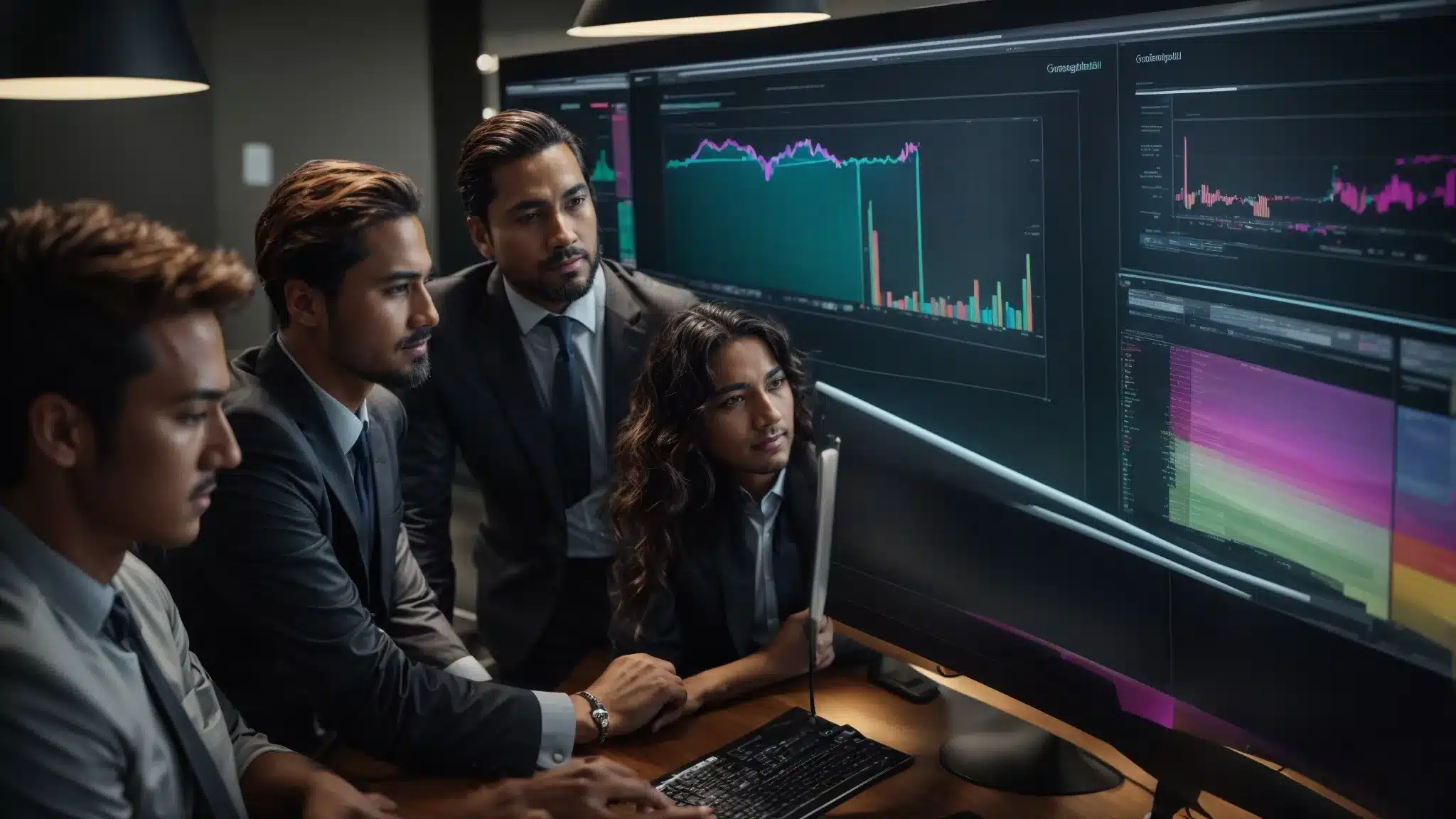 a group of business professionals gathered around a large computer monitor, reviewing a colorful crm dashboard that displays customer interactions and data analytics.