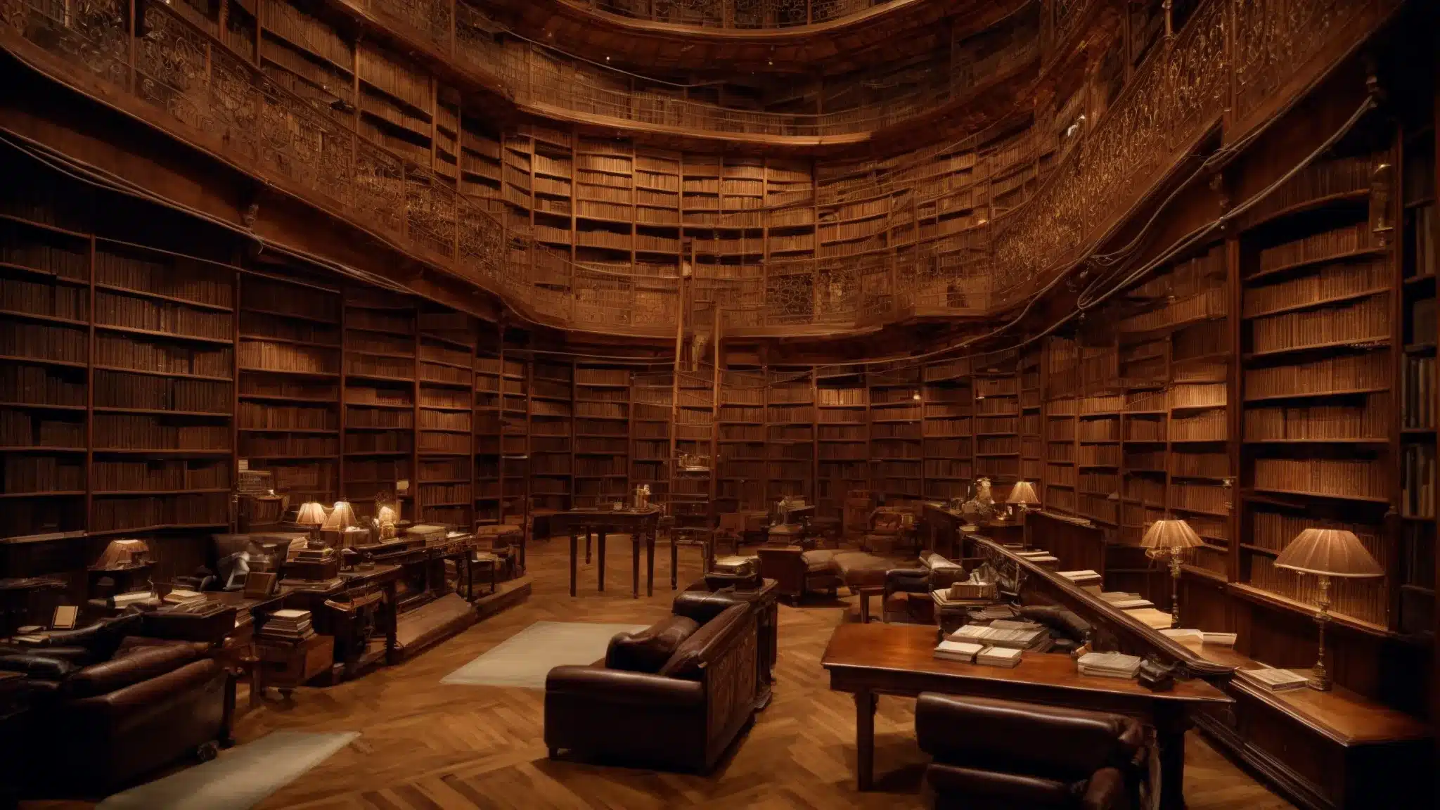 a vast library with sprawling shelves and an intricate map guiding through the labyrinth of books.