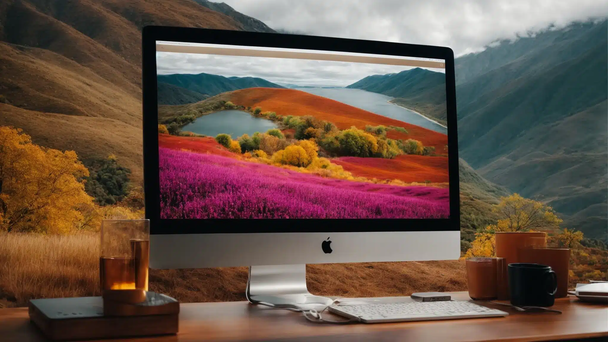 a webpage with a fast-loading high-resolution image of a colorful landscape on a desktop monitor.