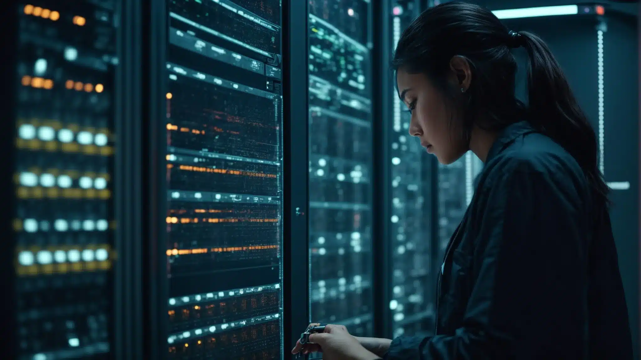 a person adjusting settings on a large, futuristic server room where data about web crawling directives is monitored and updated.