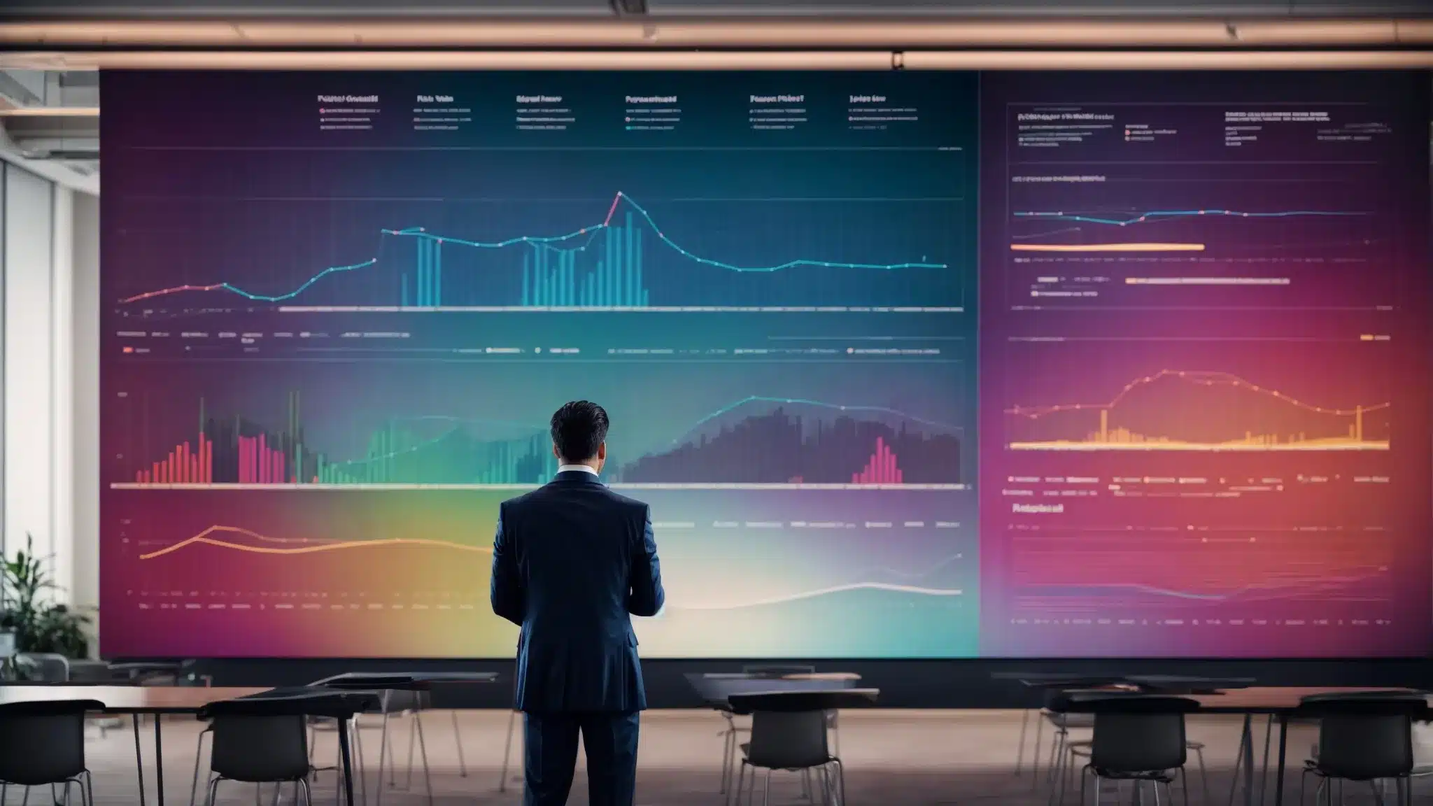 a person stands before a broad conference room screen displaying colorful graphs and flowcharts symbolizing different crm solutions.