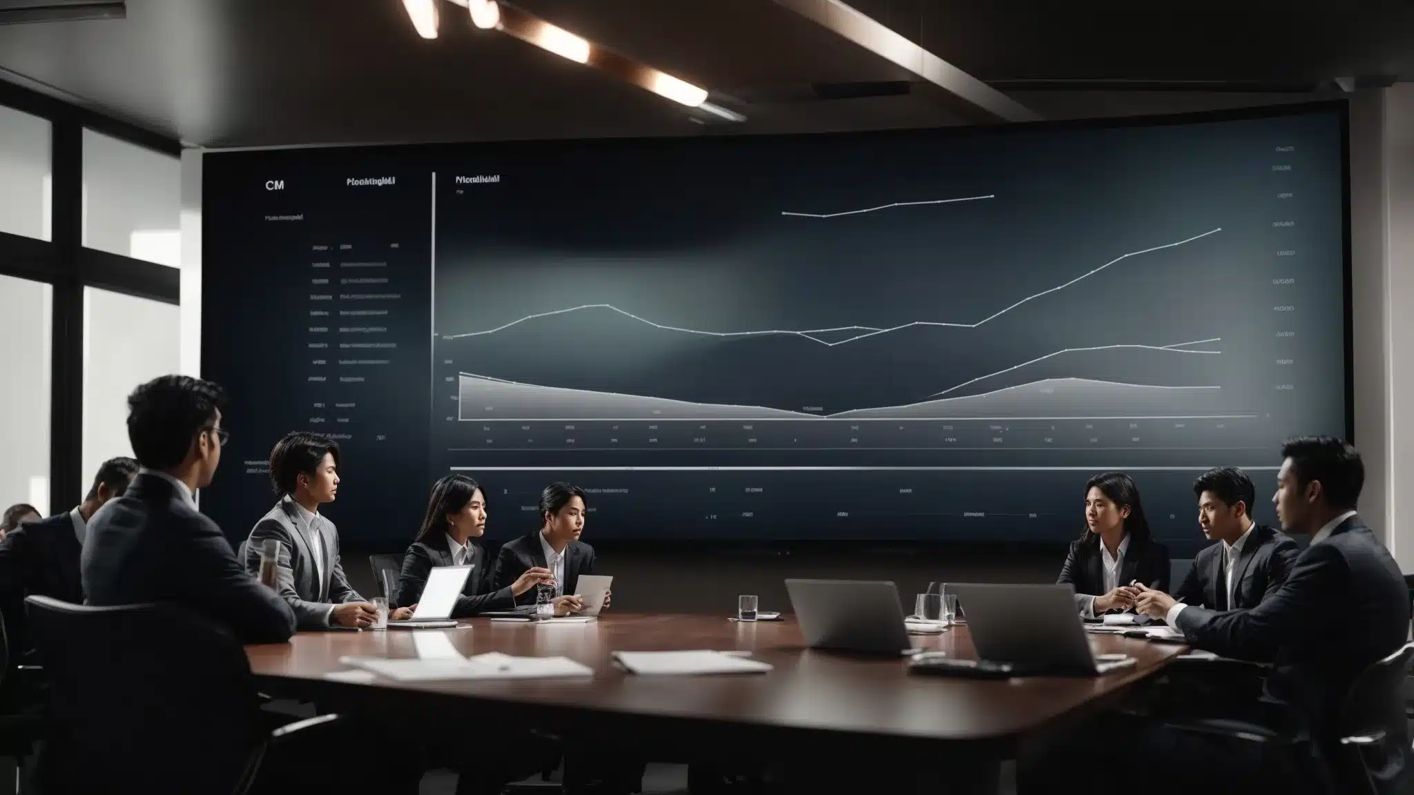 a person confidently presenting analytical charts on a screen during a business meeting, symbolizing strategy optimization through crm technology.