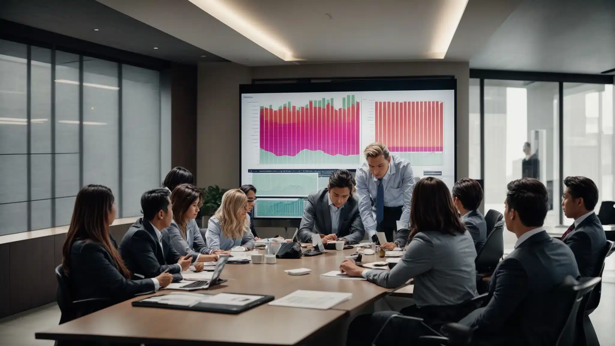 a team gathered around a conference table, reviewing charts and graphs on a screen indicating customer engagement and sales trends.