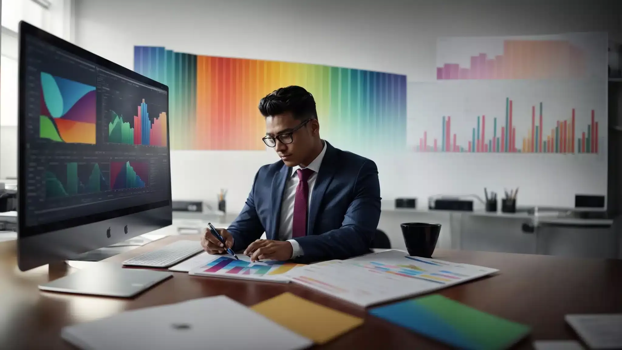 a business professional analyzing colorful graphs and charts on a computer screen in a bright, modern office.