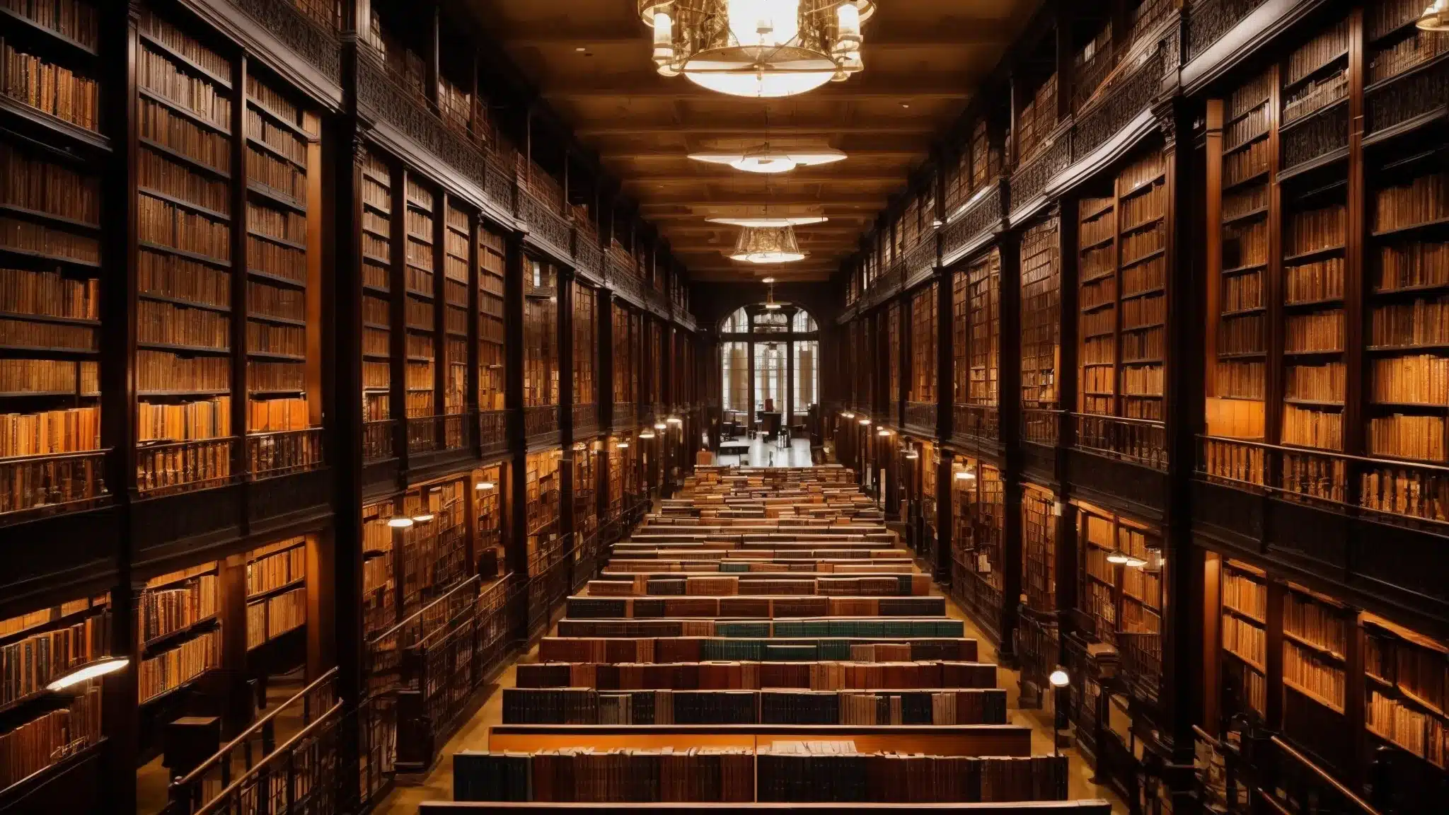 an expansive library with rows of books, symbolizing the wealth of information available on seo best practices.