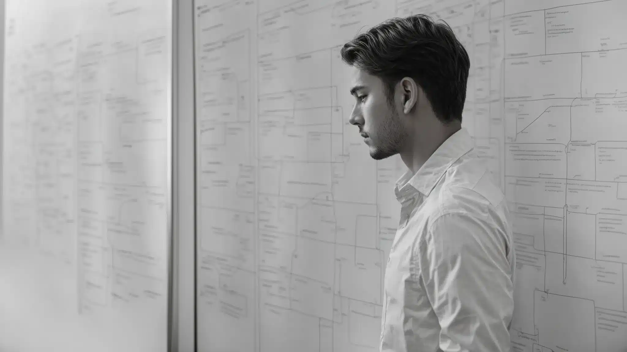 a web developer intently studies flowcharts and site maps on a whiteboard illustrating website architecture.