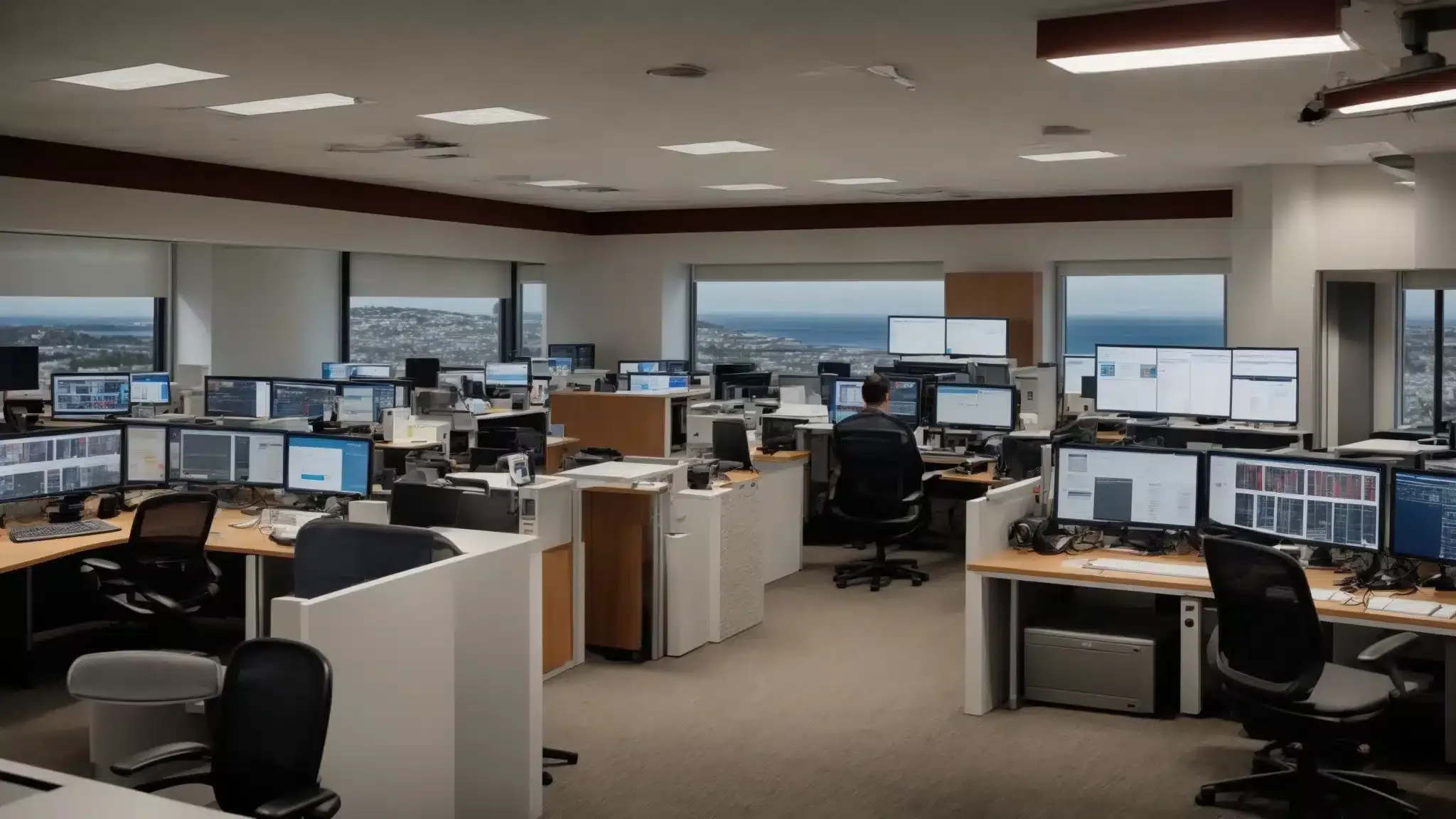 a panoramic view of a tech-savvy office with computer displays showing search engine analytics in the bustling heart of north bay.