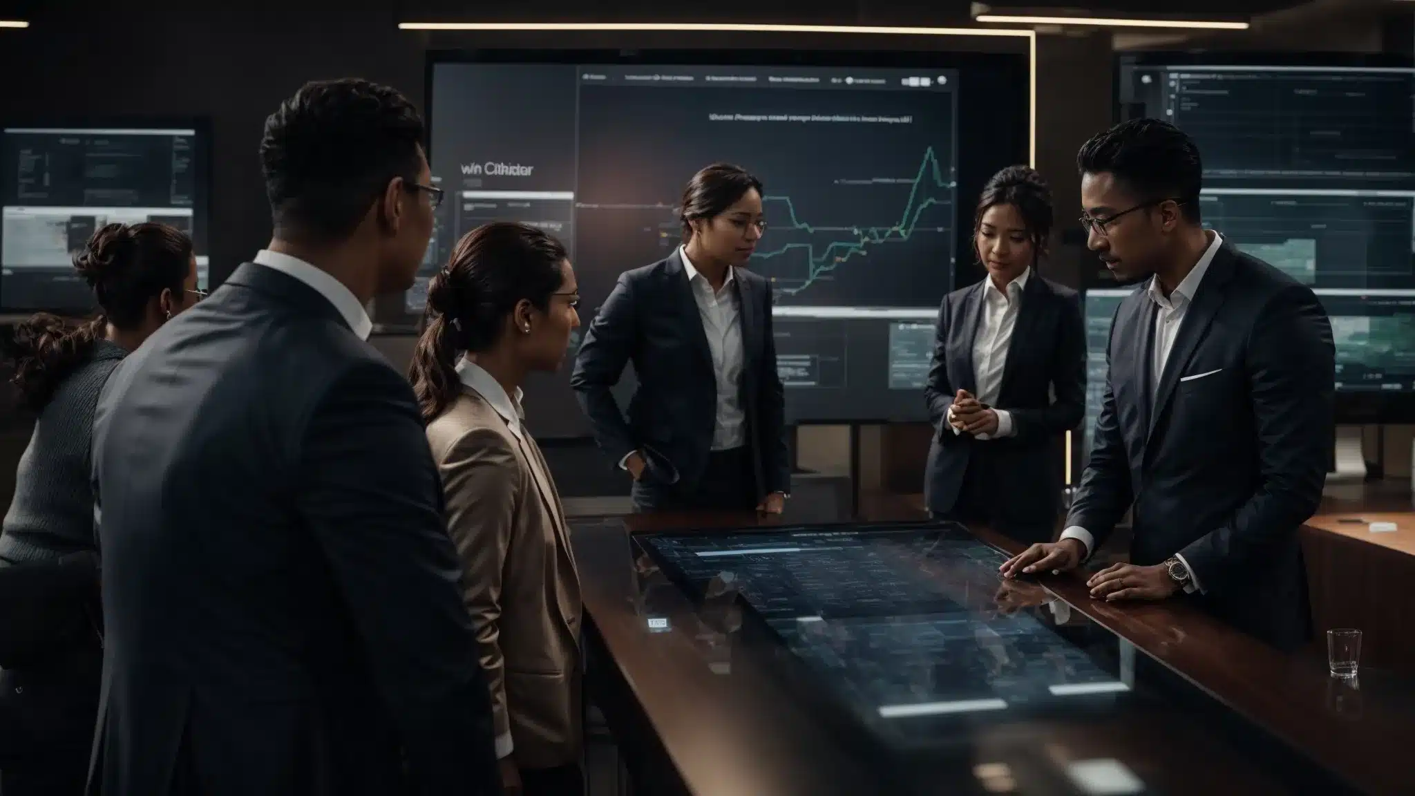 a diverse group of professionals gather around a large touchscreen display, interacting with a dynamic crm interface that spans various industry sectors.