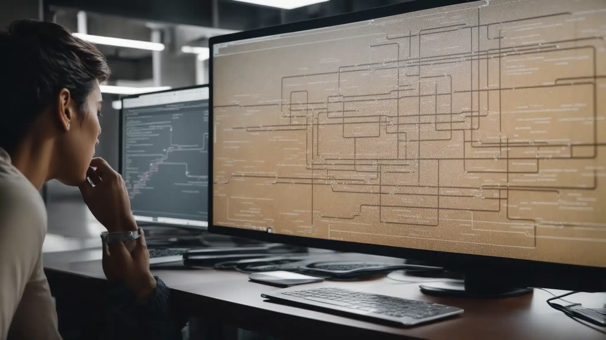 a person examines a complex flowchart on a computer screen, indicating a network of web pages and redirection pathways.