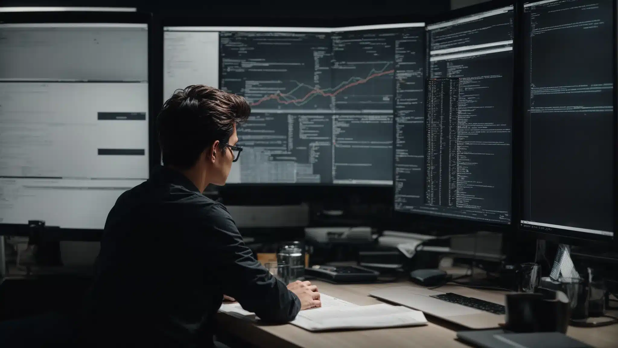 a web developer sits at a large monitor with multiple browser tabs open, intently analyzing a flowchart of website architecture.
