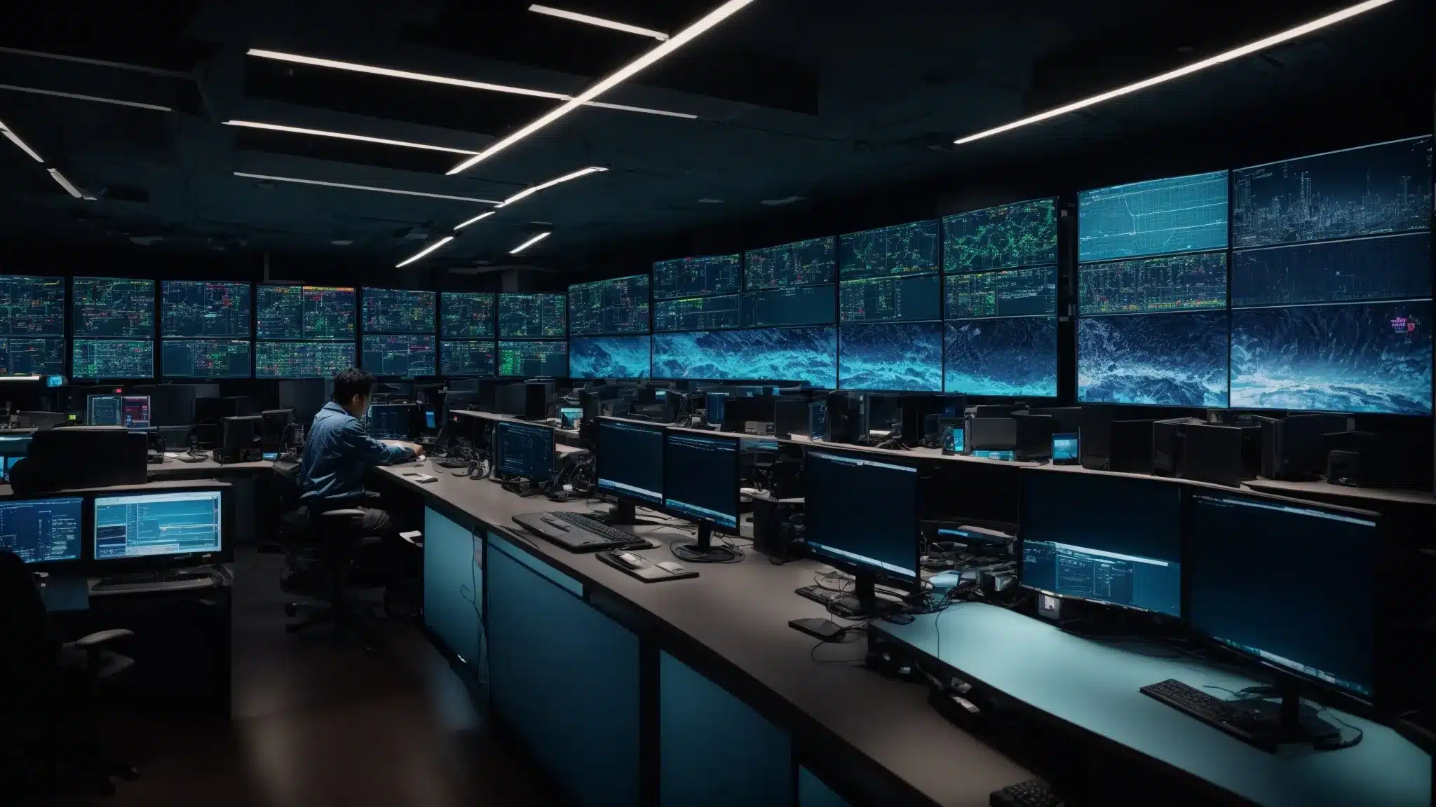 a network operations center filled with glowing screens displaying global internet traffic.