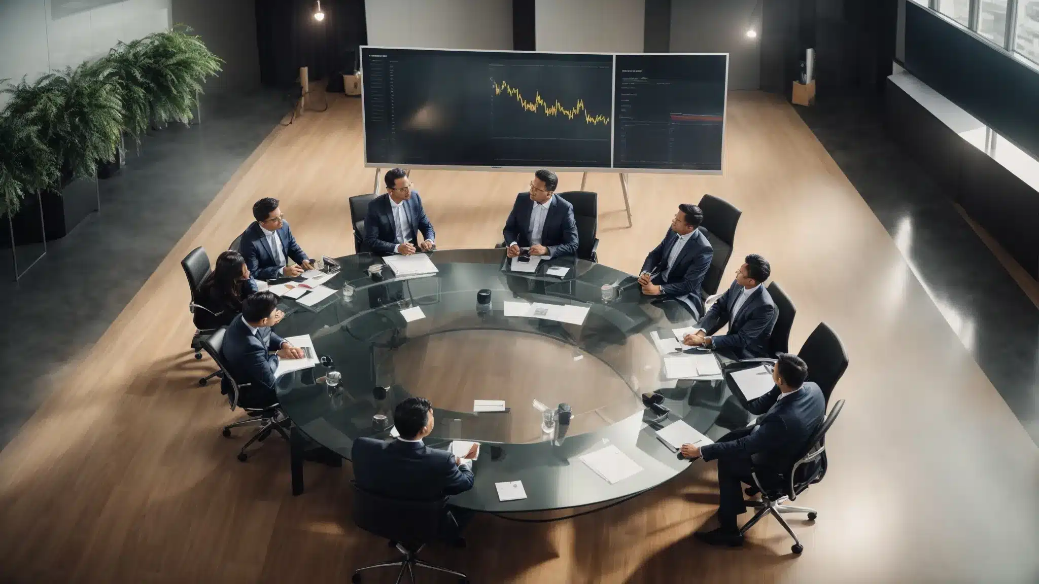 a panoramic view of a corporate team gathered around a conference table, engaged in a strategy meeting focused on customer interaction and data charts.