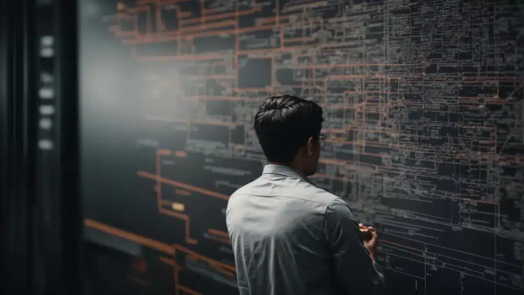 a web developer scrutinizes a complex flowchart that outlines the structure of a website's pages and links.