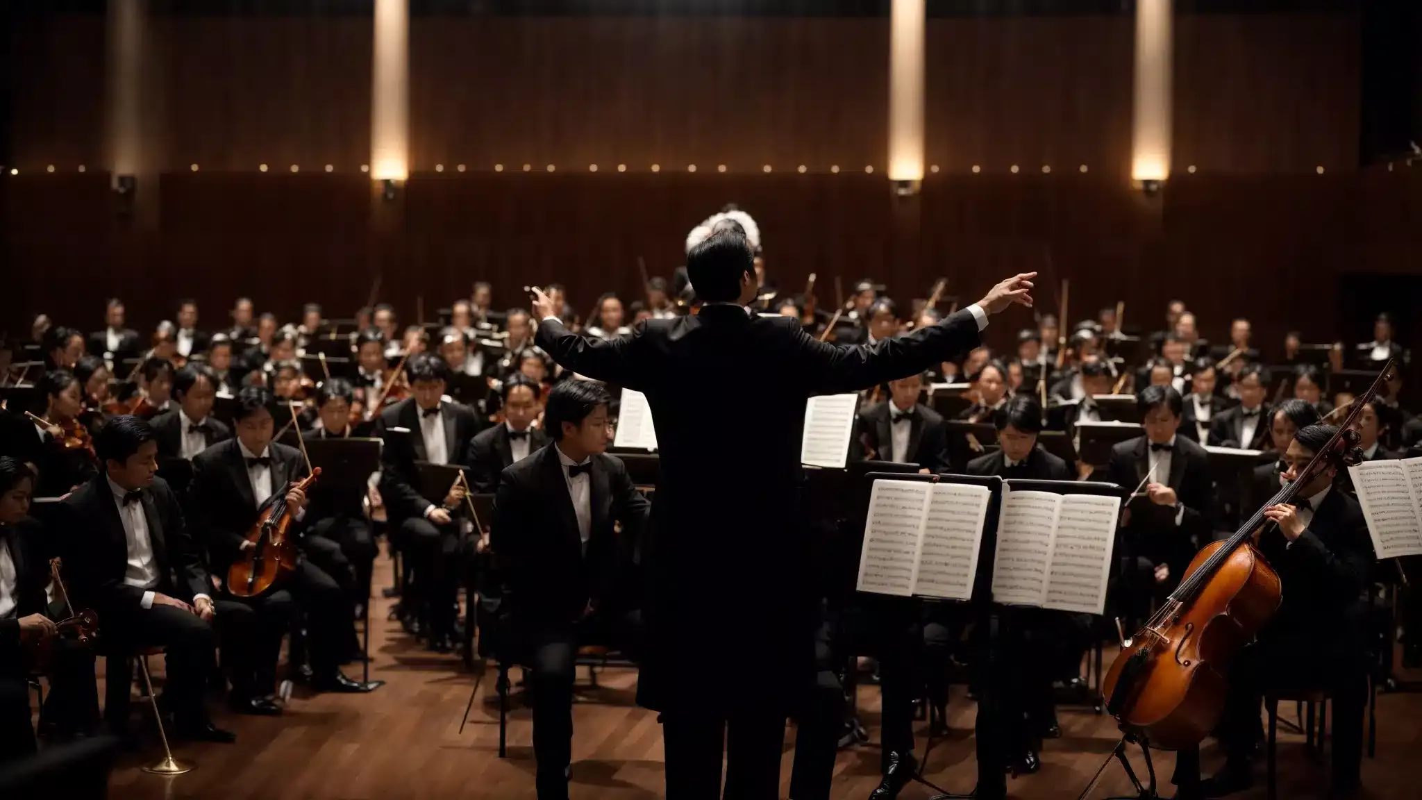 a conductor stands before an orchestra, baton poised, ready to guide the musicians through a harmonious performance.