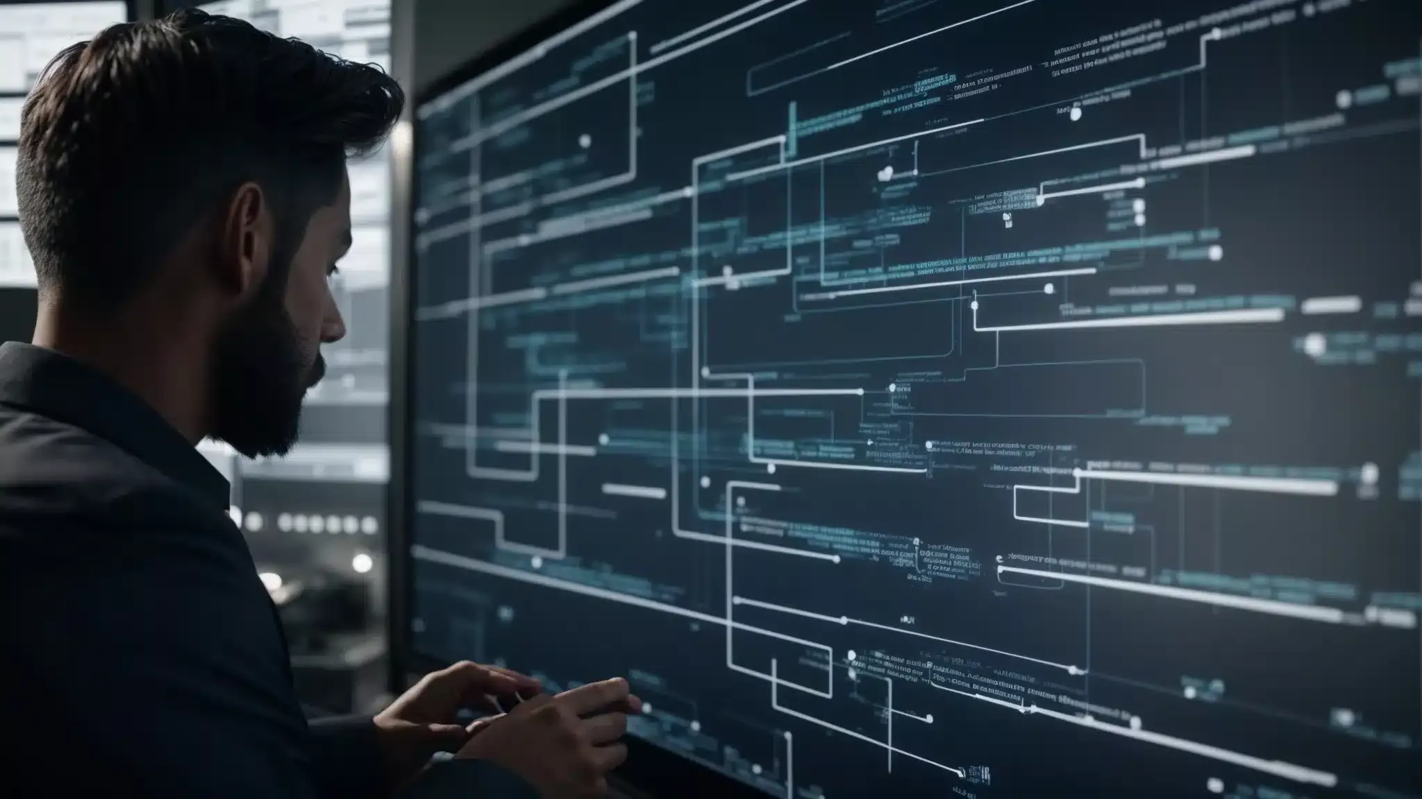 a focused individual analyzes a complex flowchart on a digital screen, symbolizing the strategic planning required in technical seo.