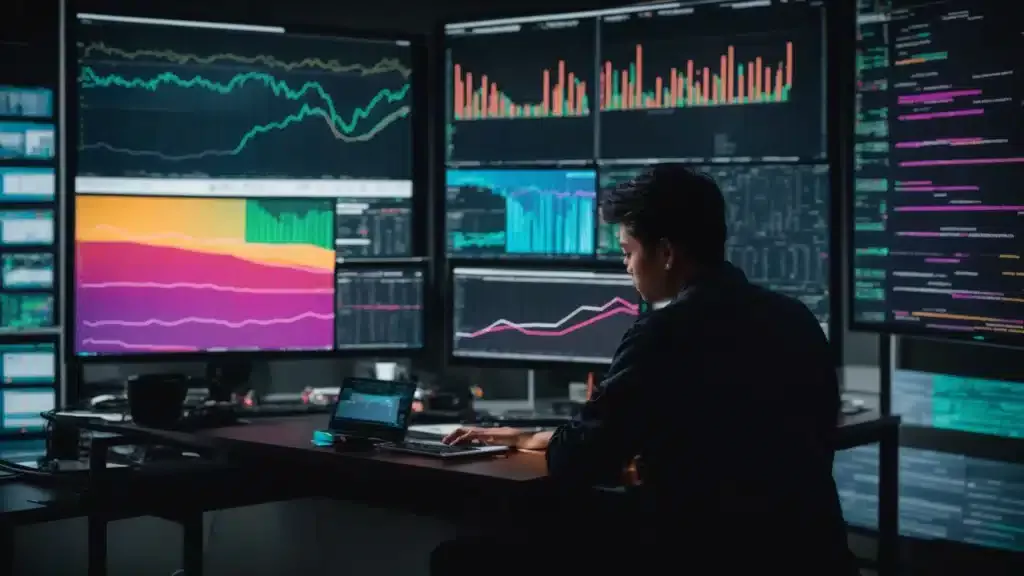 a person sits before a large computer screen displaying colorful graphs and data analytics related to website performance.