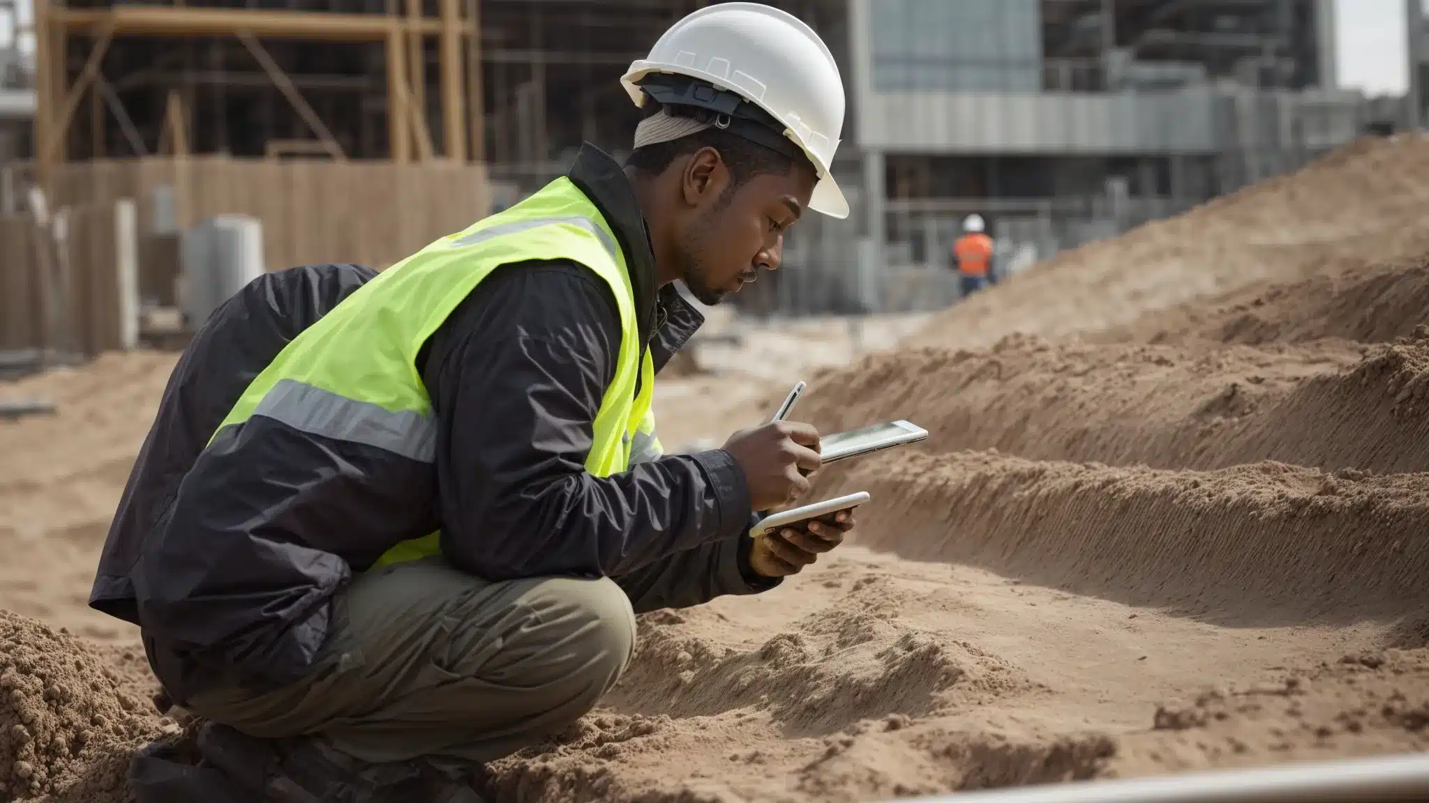 a contractor reviewing a digital marketing strategy on a tablet at a construction site.
