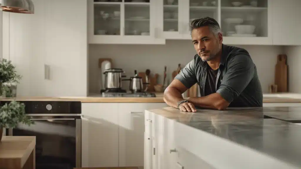 a confident contractor leaning on a freshly installed kitchen counter, displaying his craftsmanship.