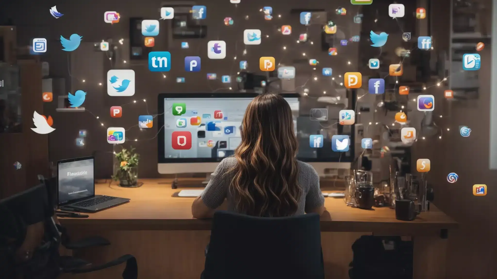 a marketing professional happily interacts with animated social media icons representing different platforms floating around her workspace.