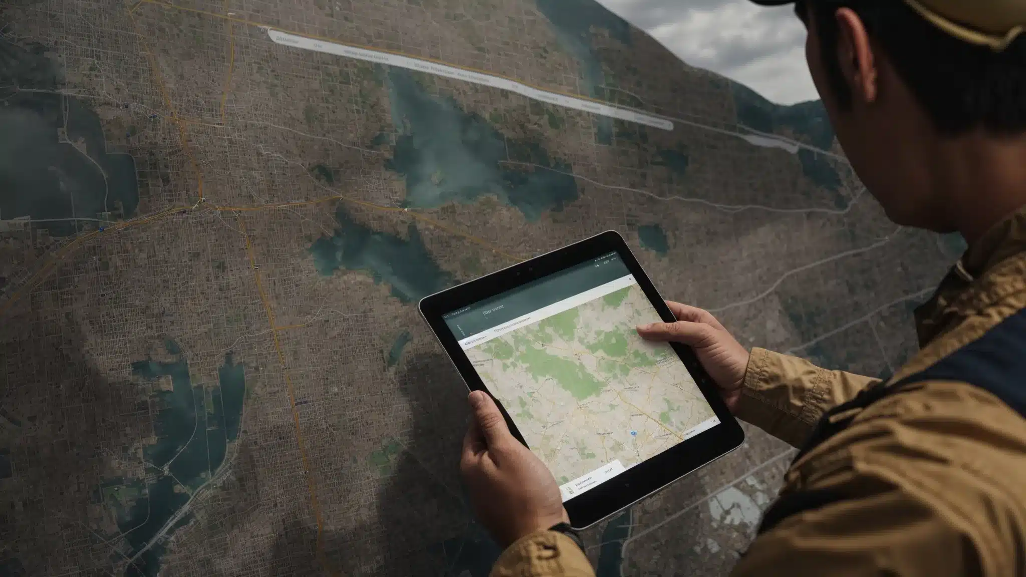 a contractor reviews a digital map on a tablet showing local search result highlights.