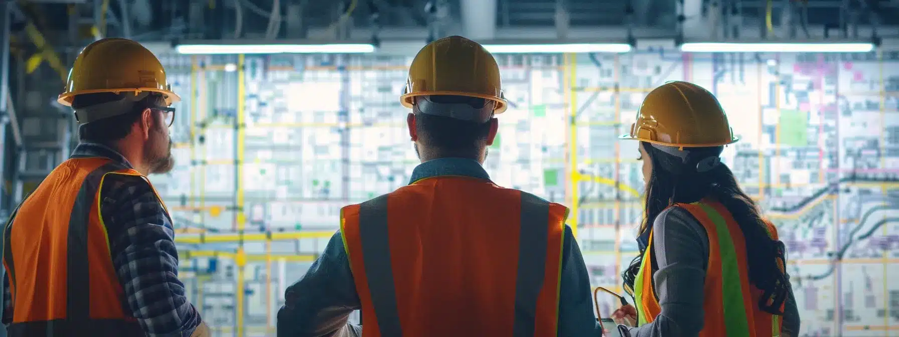 a team of construction workers brainstorming and strategizing on a whiteboard full of different keywords.