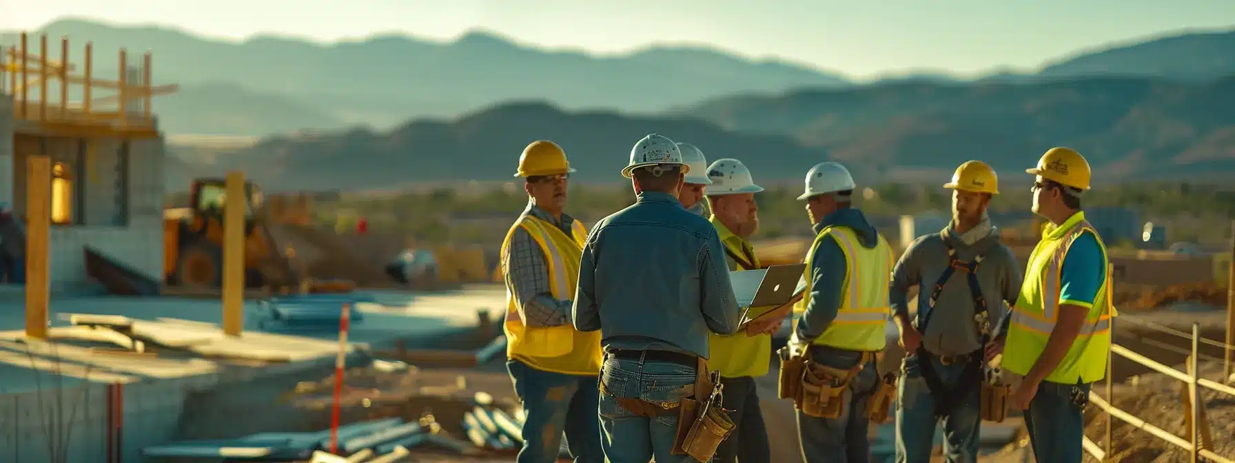 a group of contractors collaborating and discussing guest blogging strategies on a construction site.