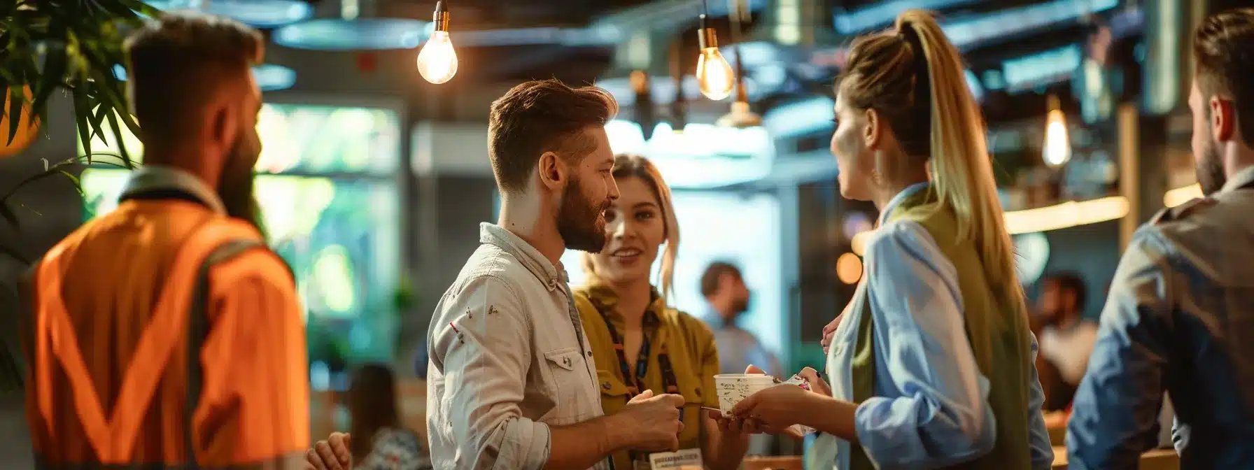 a group of contractors networking at a local community event to build valuable partnerships and gain backlinks for their online presence.