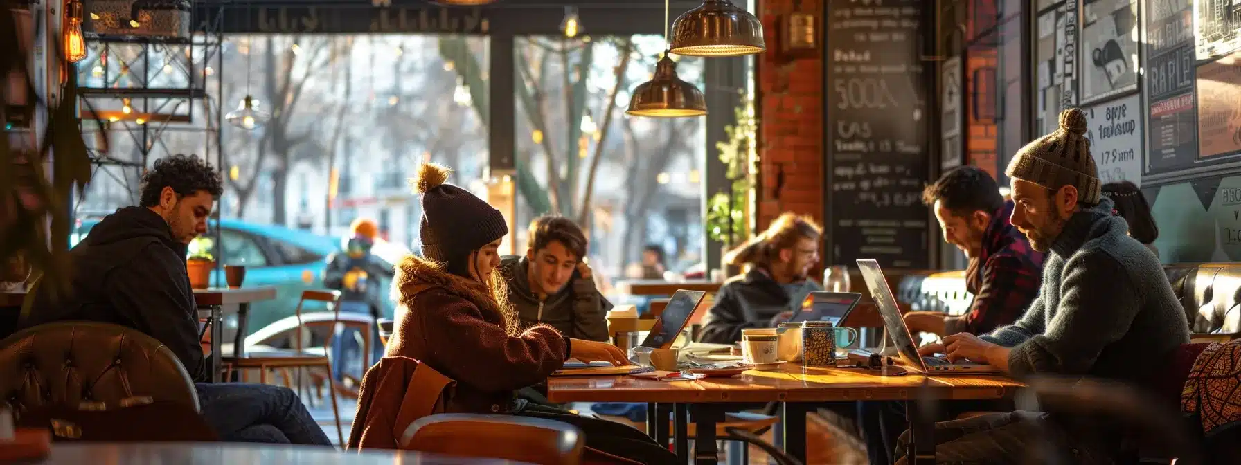 a group of people reading a locally-focused blog post on a laptop in a cozy coffee shop.