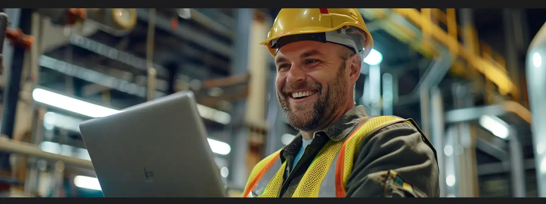 a contractor smiling while reading positive online reviews on a laptop.