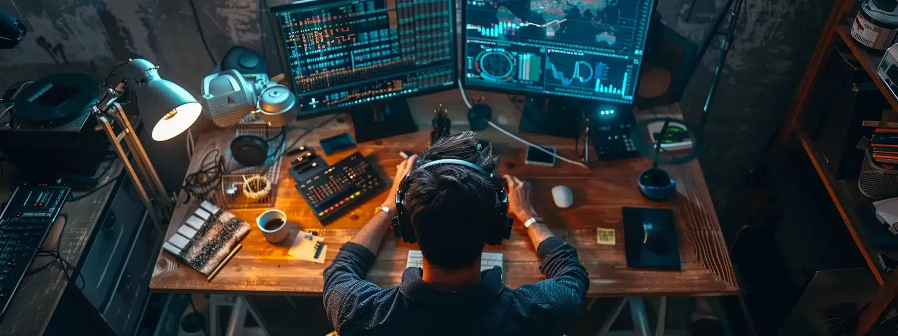 a person sitting at a computer screen surrounded by various tools and resources for keyword research.