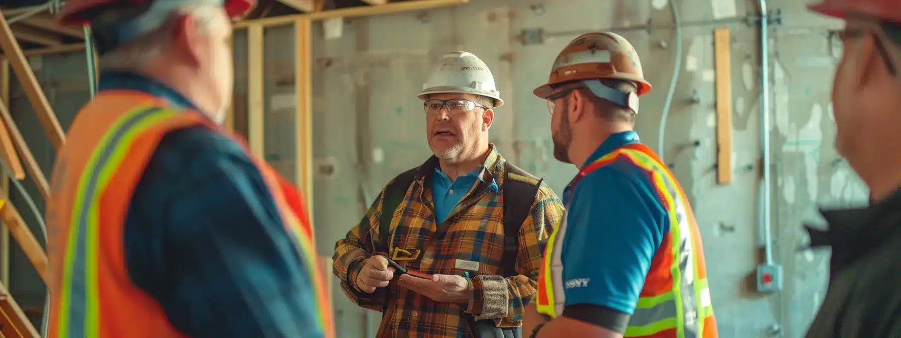 a group of contractors discussing link building techniques and strategies in a construction site office.