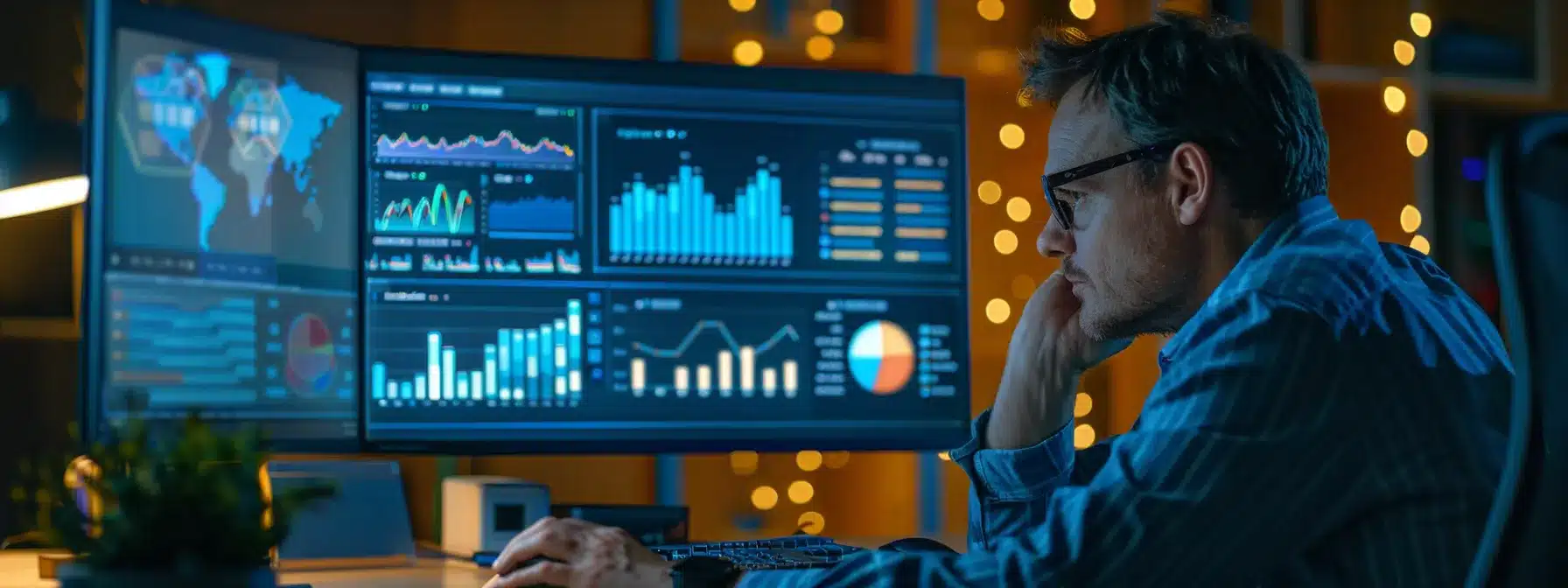 a contractor looking at a computer screen with a website analytics dashboard showing increased visibility and engagement due to smart seo strategies.