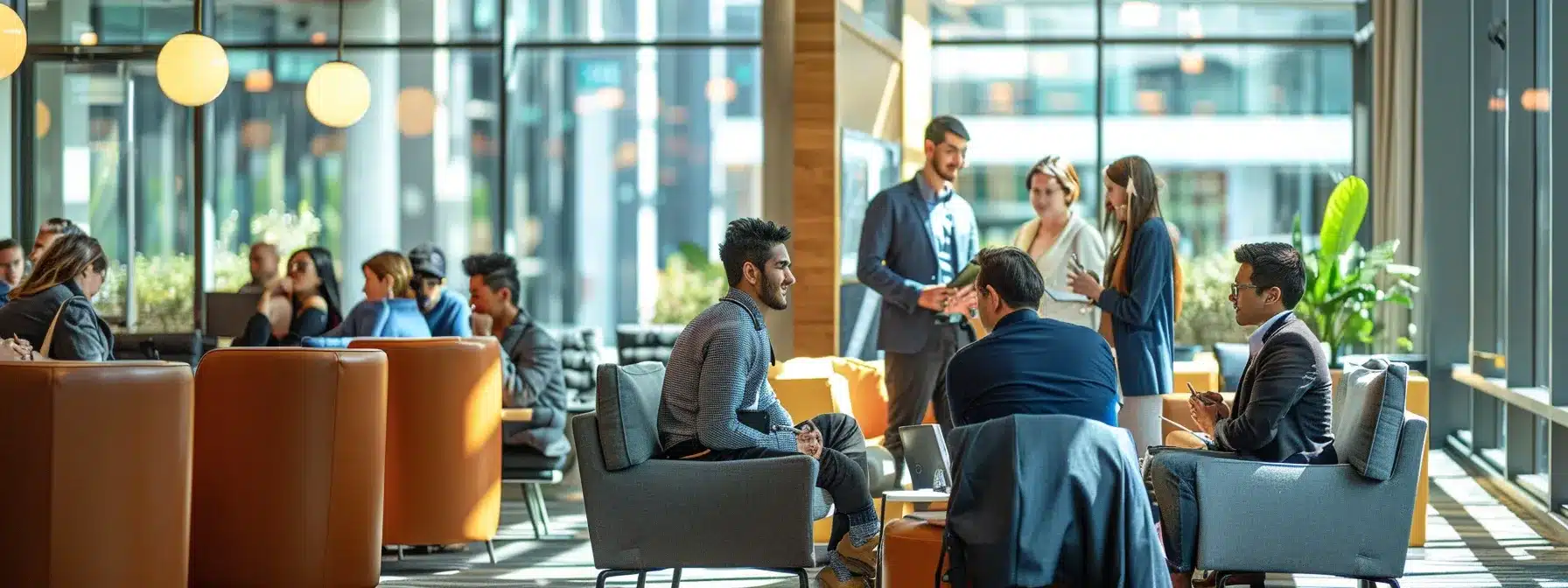 a group of local business owners networking and discussing strategies in a modern office setting.