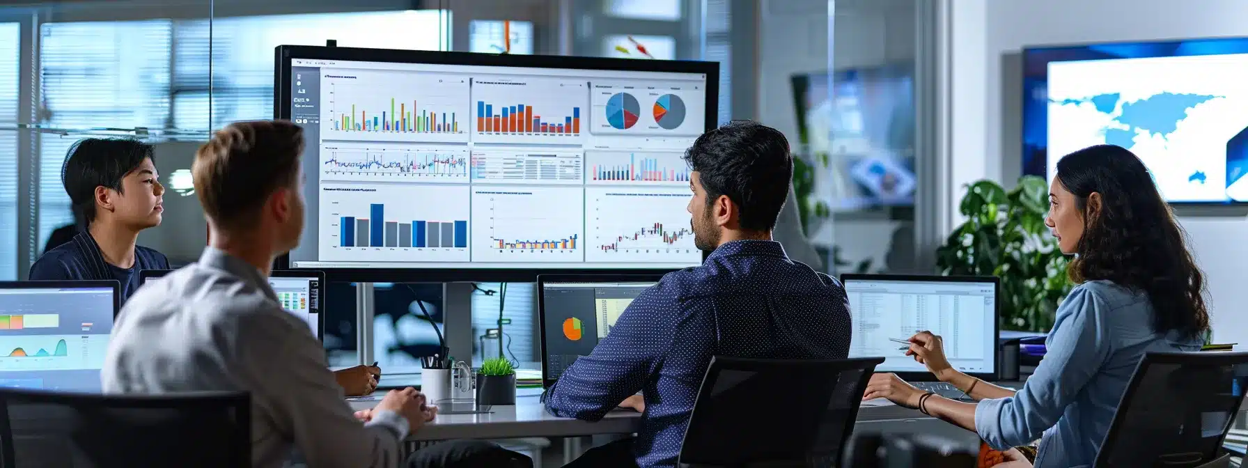 a group of professionals analyzing charts and graphs on computer monitors in a modern office setting.