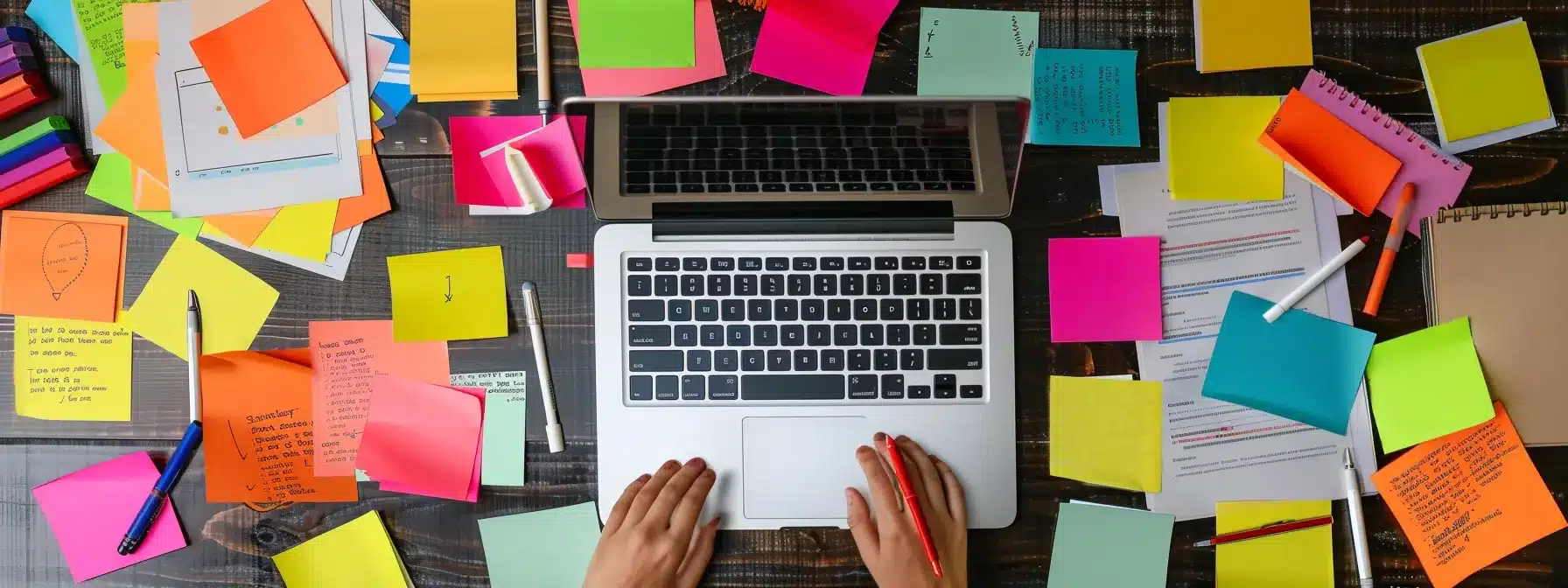 a person writing detailed articles on a laptop, surrounded by colorful sticky notes with keywords and topic ideas for contracting niche content creation.