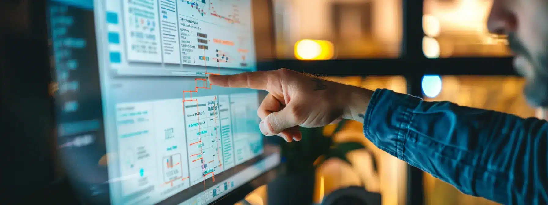 a contractor pointing at a website structure diagram on a computer screen.