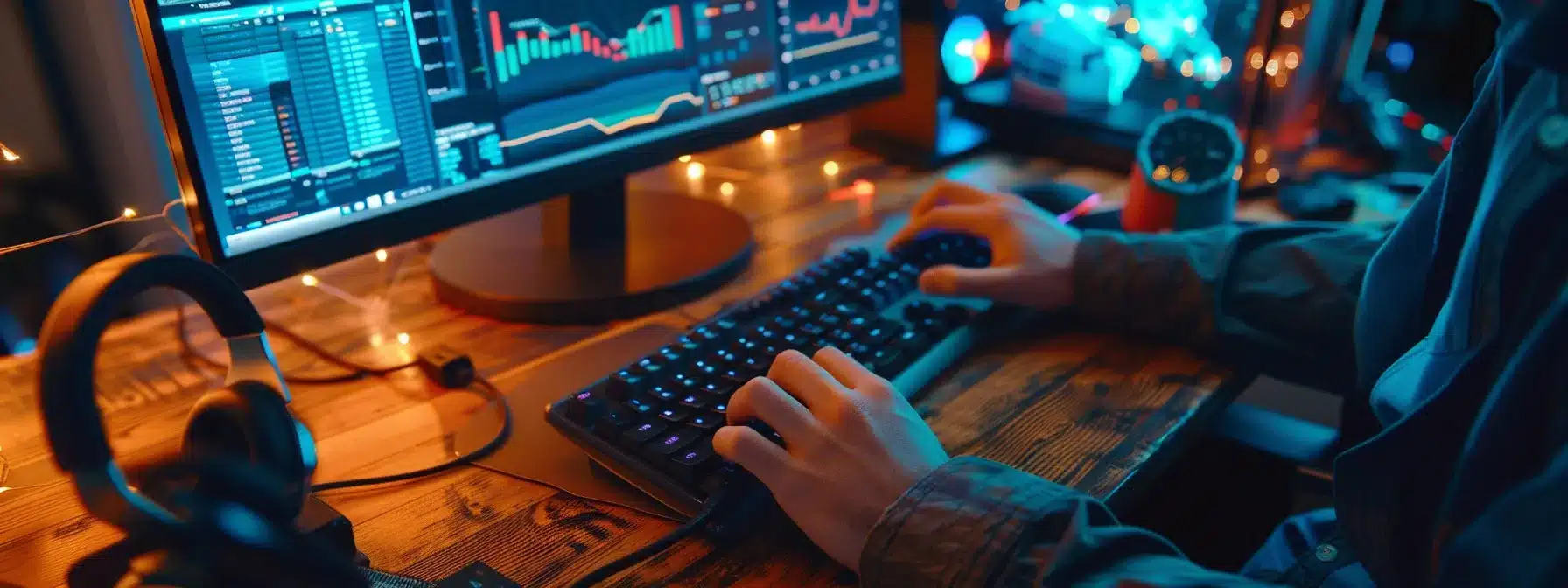 a person typing on a computer keyboard while looking at a screen filled with website analytics and search engine optimization tools.