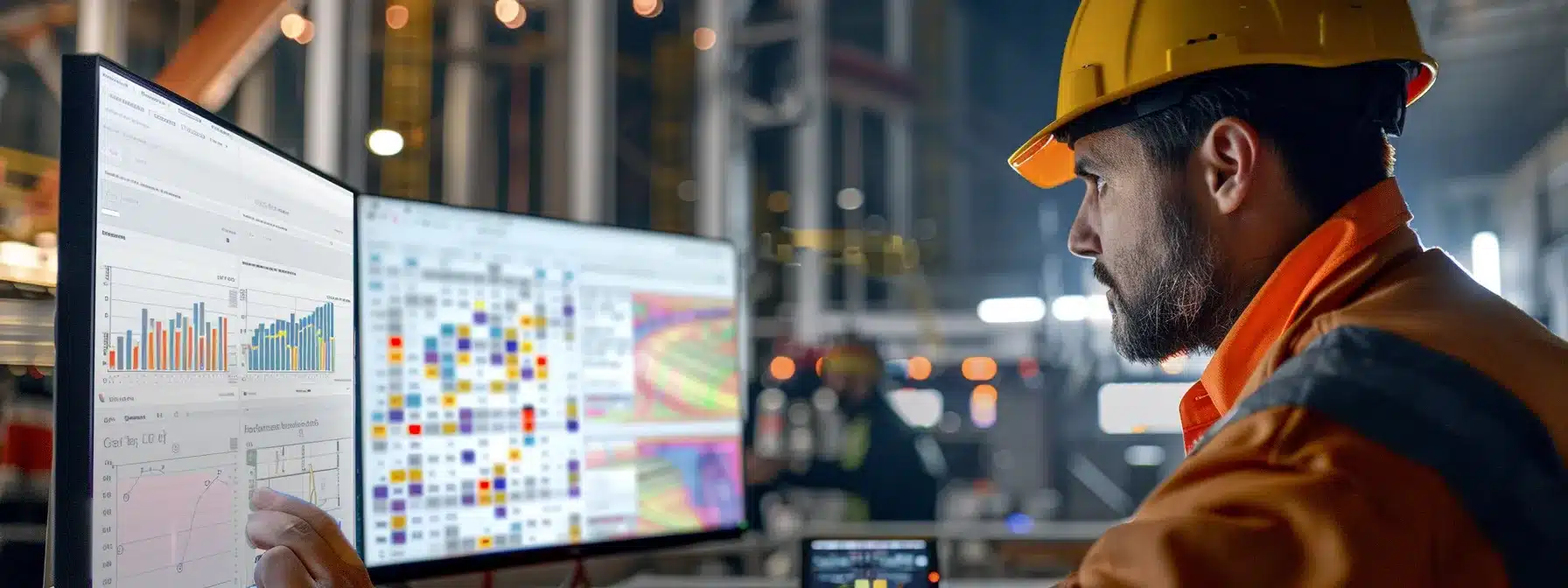 a construction worker studying a computer screen with a detailed analysis of competitors' backlinks displayed.