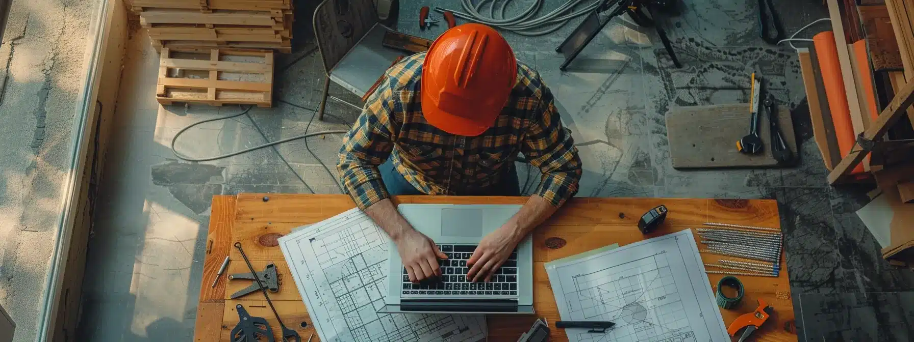 a contractor creating engaging content on a laptop while surrounded by tools and blueprints.