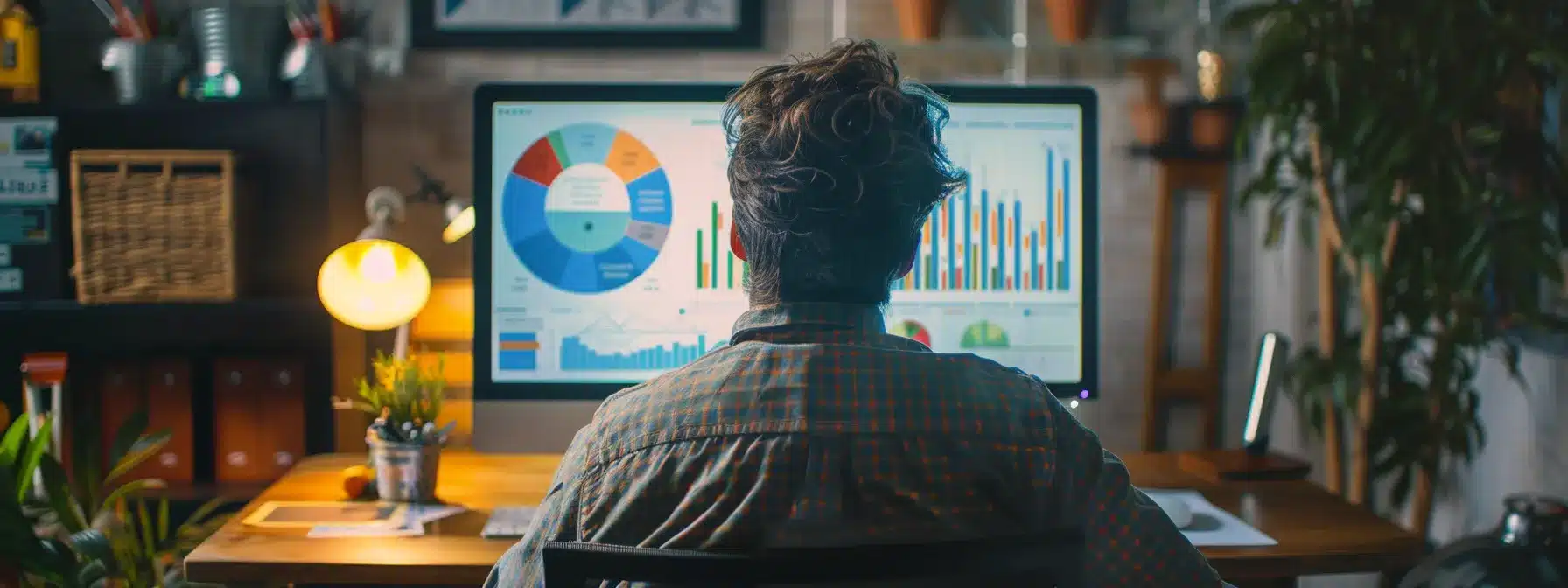 a business owner looking at a computer screen displaying a graph showing the progress of their local seo strategy.