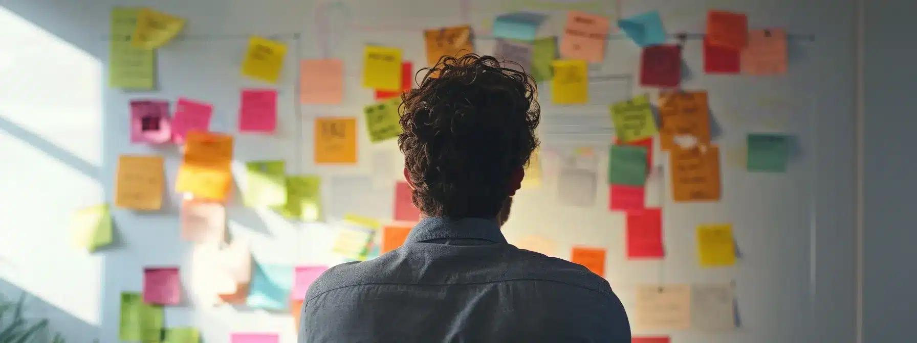 a contractor brainstorming ideas with colorful sticky notes on a whiteboard.