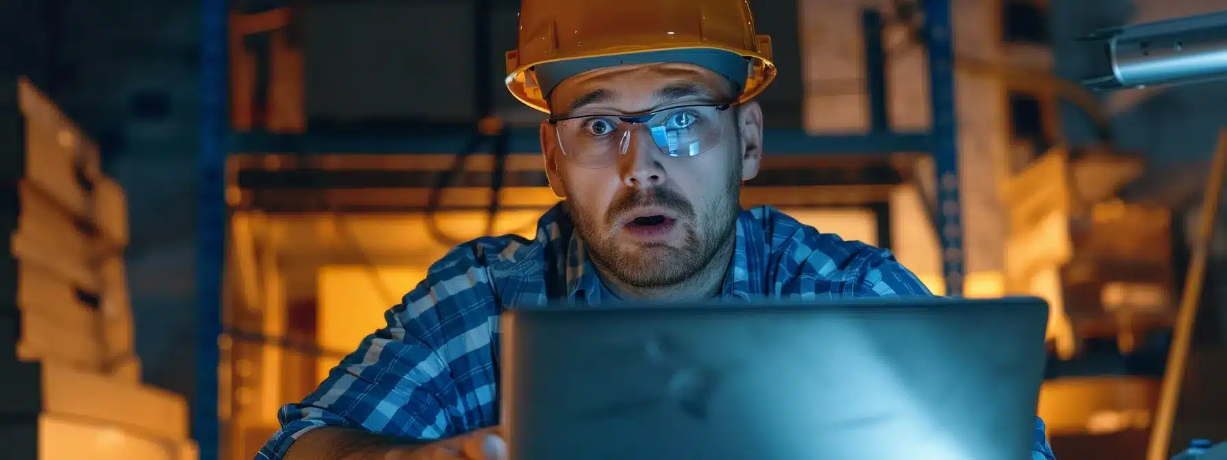 a contractor looking at their website on a laptop, with a confused expression while trying to understand seo optimization.