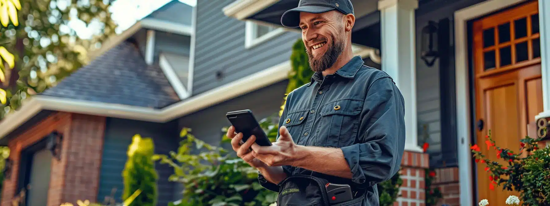 a contractor standing outside a house, holding a smartphone and smiling as they check their google my business listing and online reviews.