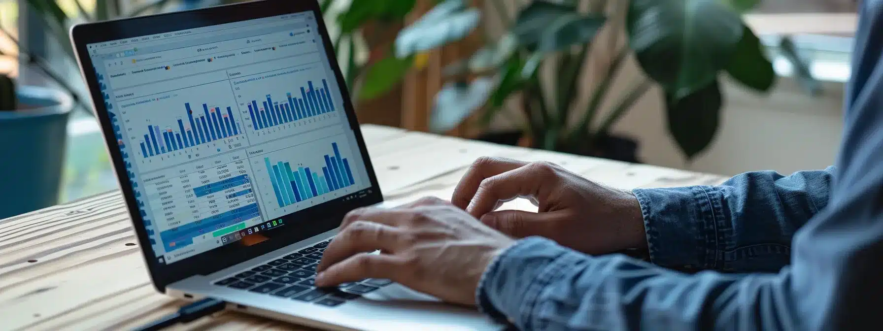 a contractor typing on a laptop with various keyword research tools open on the screen.