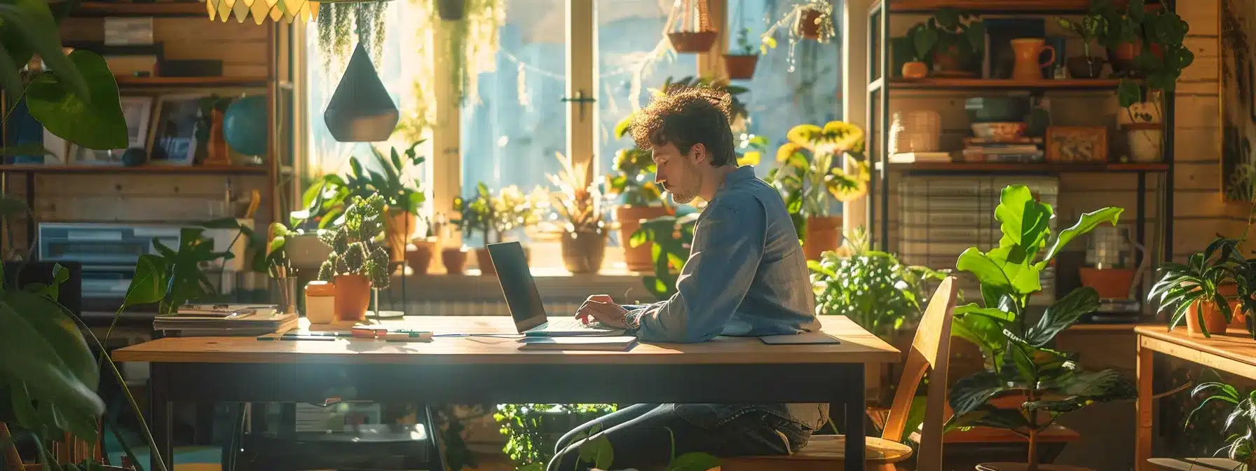 a contractor updating their google my business profile on a laptop in a cozy office space.