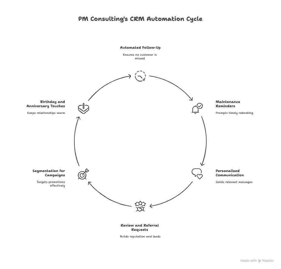 How does PM Consulting’s CRM automation help build repeat business for home service pros?
